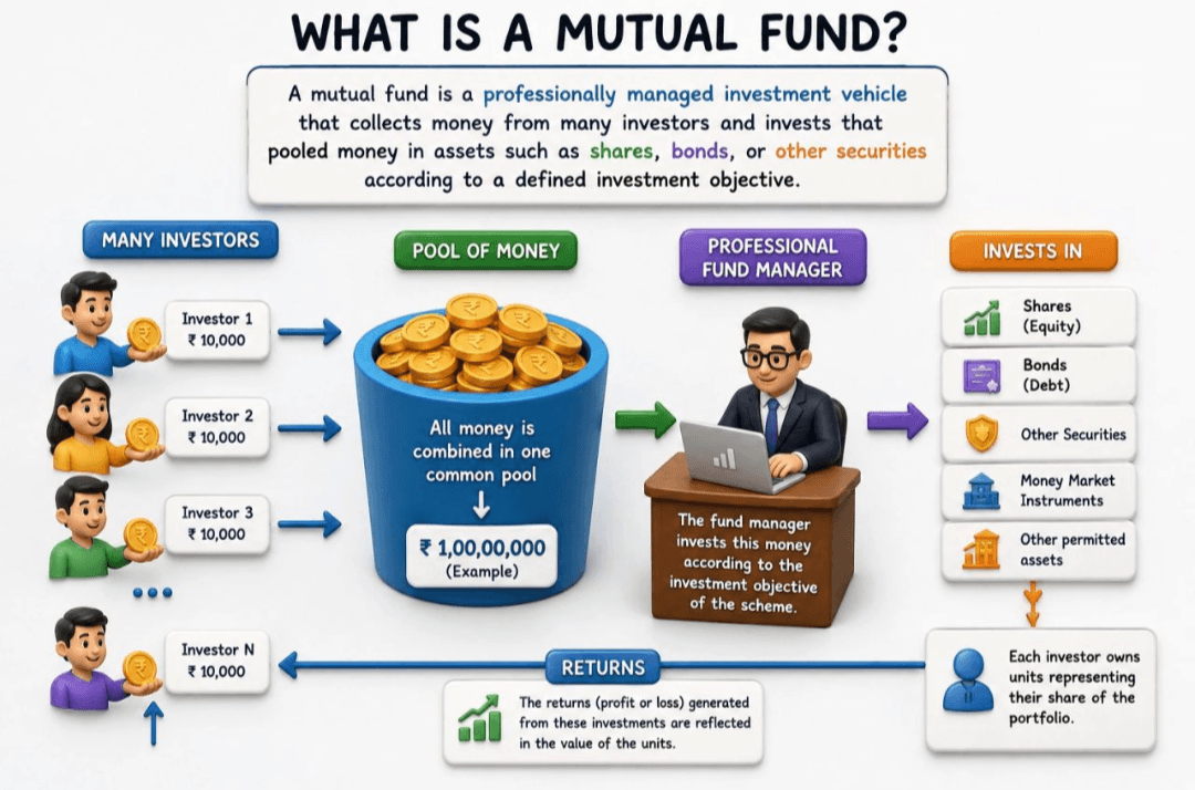 An educational infographic explaining the concept of a mutual fund using 3D character illustrations and flowcharts.