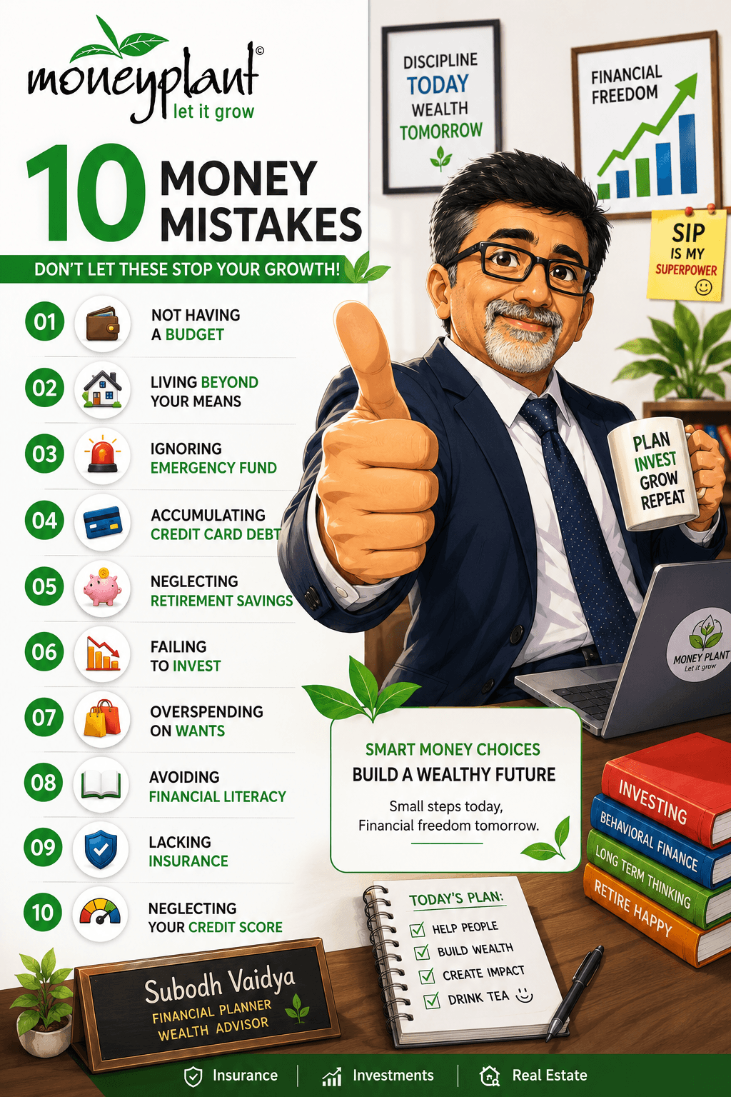 An educational infographic featuring a financial advisor character and a list of 10 common money mistakes.