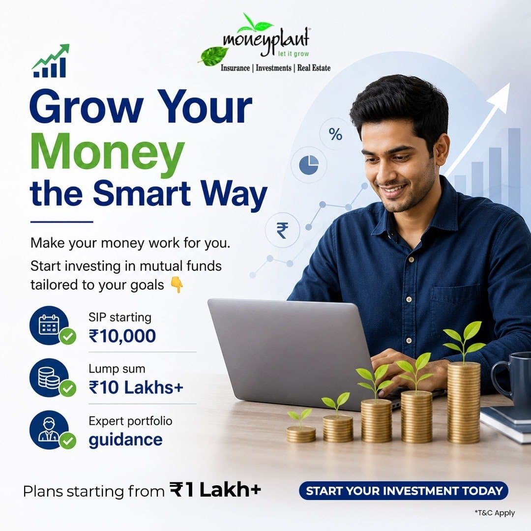 A promotional graphic for Money Plant featuring a man working on a laptop with coin stacks and small plants.