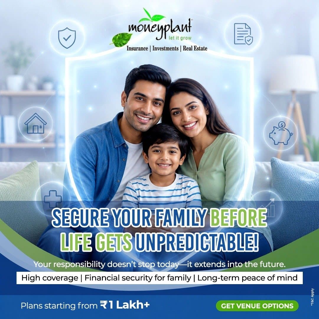 A family of three sitting on a sofa with digital financial icons and brand messaging overlaid.